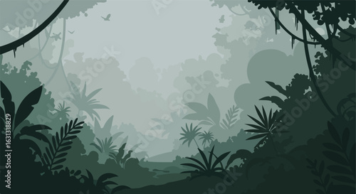 Dense jungle scene as a bird flies with layered trees faded in background