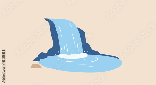 Waterfall flows into pool, on neutral background, for travel and tourism materials