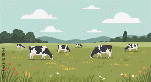 Cows grazing on meadow grass field; hills and trees in the distance. Use for food topics