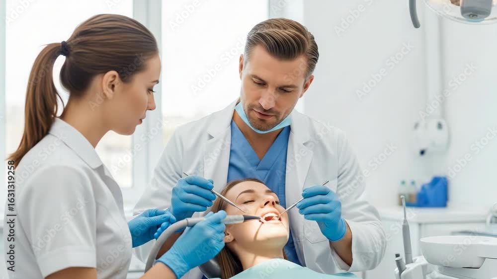 Dental procedure in clinic involves doctor and assistant working on patient. Dental procedure requires precision and expertise, ensuring a healthy smile. Dental procedure in clinic involves doctor and assistant working on patient. Dental procedure requires precision and expertise, ensuring a healthy smile.