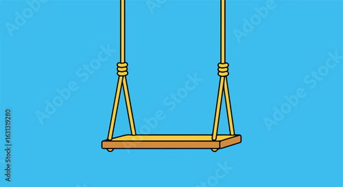 Isolated Simple Wood Swing Hanging on Ropes Against a Blue Background. Illustration