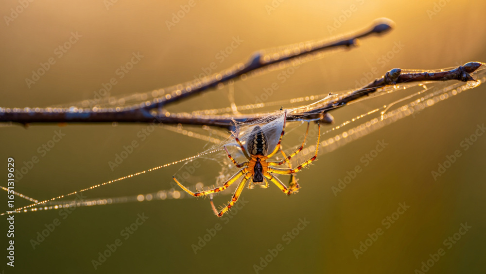 Golden Orb Weaver Spider, Hanging, Dewdrops, Nature Photography, Sunrise Golden Orb Weaver Spider, Hanging, Dewdrops, Nature Photography, Sunrise