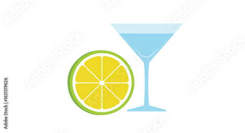 Martini glass, lime slice on white, isolated, cocktail, party drink, simple design