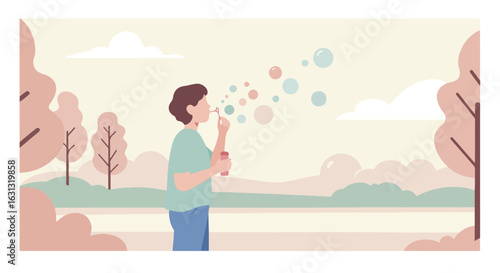 Flat vector of a woman blowing bubbles in a park with trees and water views.
