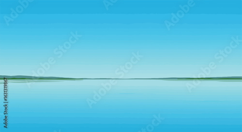 Calm turquoise water ripples before green shore, for travel promotion
