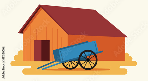 Farm Scene Blue wagon near barn with no people is a simple, useable background