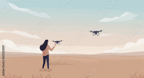 Woman launches drone in field as another flies against a cloudy horizon