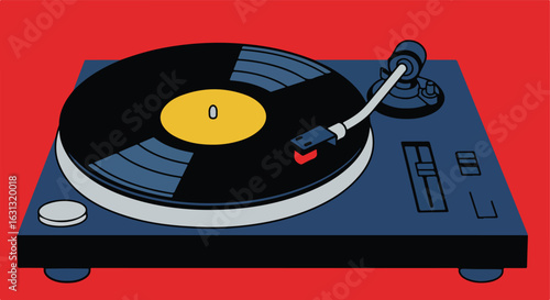 Record player spins vinyl disc on a red surface, for music, art, or nostalgia