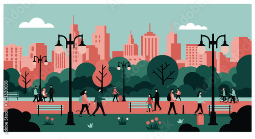 People walking and biking in the park with city buildings in the background