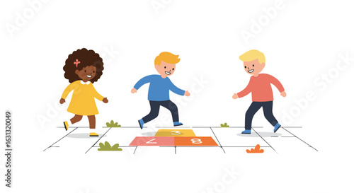 Kids Playing Hopscotch Outside; Cartoon Children Jumping on Numbered Squares
