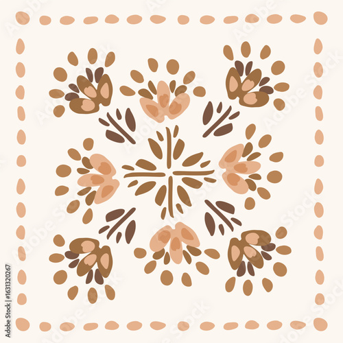 Simple hand painted boho flowers arranged as botanical block print pattern in colors of cream, brown and peach on off-white background. Folk art seamless vector pattern. Great for home decor, fabric.