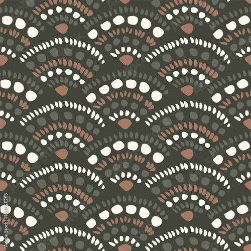 Simple hand painted scallop pattern creating illusion of seashells with dots and brush marks, in colors of off white, brown, sage green and forest green. Folk art seamless vector pattern. Home decor.