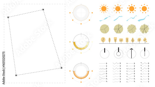 A modern site analysis symbol set for architecture and landscape design. Includes sun path, wind flow, vegetation, topography, views, and circulation arrows.