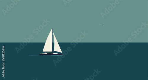 Yacht sailing, ocean, minimal design. Birds in sky, travel brochure, posters