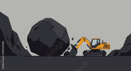 Backhoe lifting rocks in an open pit mine; mountains in the background, digging