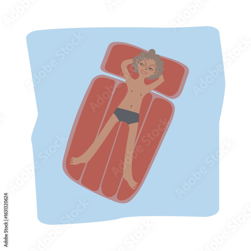 Tanned curly boy swims in the pool or in the sea on an inflatable mattress. Square scene. Vector illustration for advertising, poster, postcard or brochure about your tourist complex