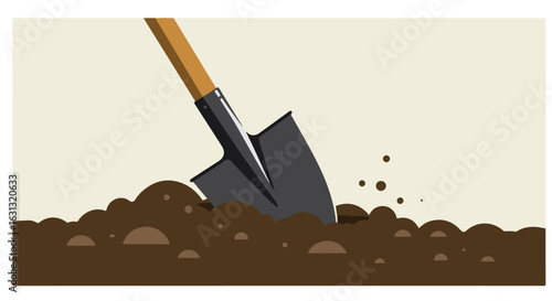 Spade digging ground in yard. Beige sky; gardening, farming, landscaping use