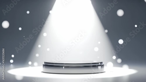 Elegant silver podium display under a bright spotlight with floating bokeh particles a perfect animated background for product showcases and awards