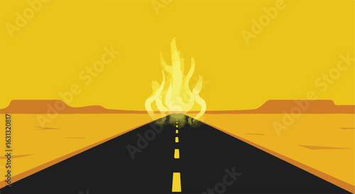 Desert road illusion with fire and mountains, ideal for graphic design