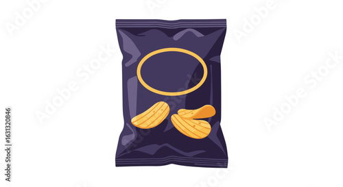 Isolated snack bag with falling chips on a plain white background