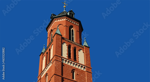 Brick tower reaches up against a solid background for architecture uses