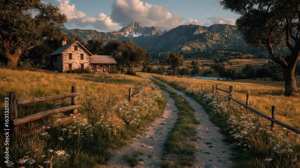 Naklejka premium Idyllic countryside scene with rustic cabins and a serene mountain view