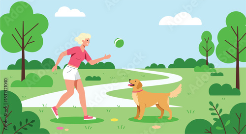 Woman plays ball with her dog in the park; pathway and trees in the background