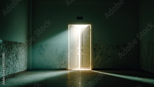 Empty room, open door, light rays