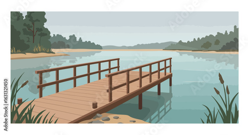 Pier extends onto lake; calm water reflects trees under cloudy sky; scenic lakeside