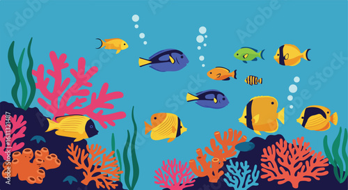 Cartoon tropical fish swim among coral reef in an underwater vector illustration