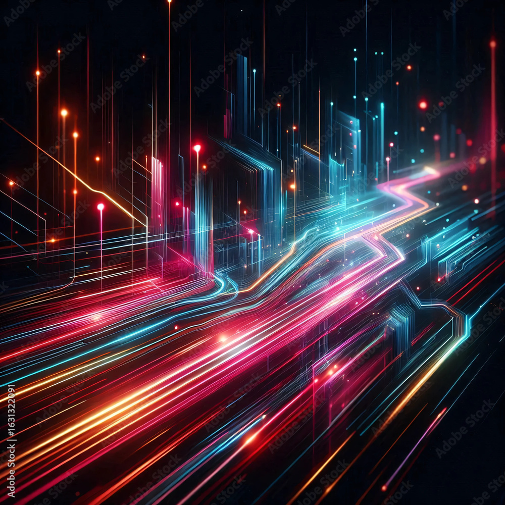 Obraz premium Dynamic Neon Light Trails on Dark Moody Background