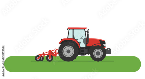 Red tractor tilling a green field against a plain background for agriculture