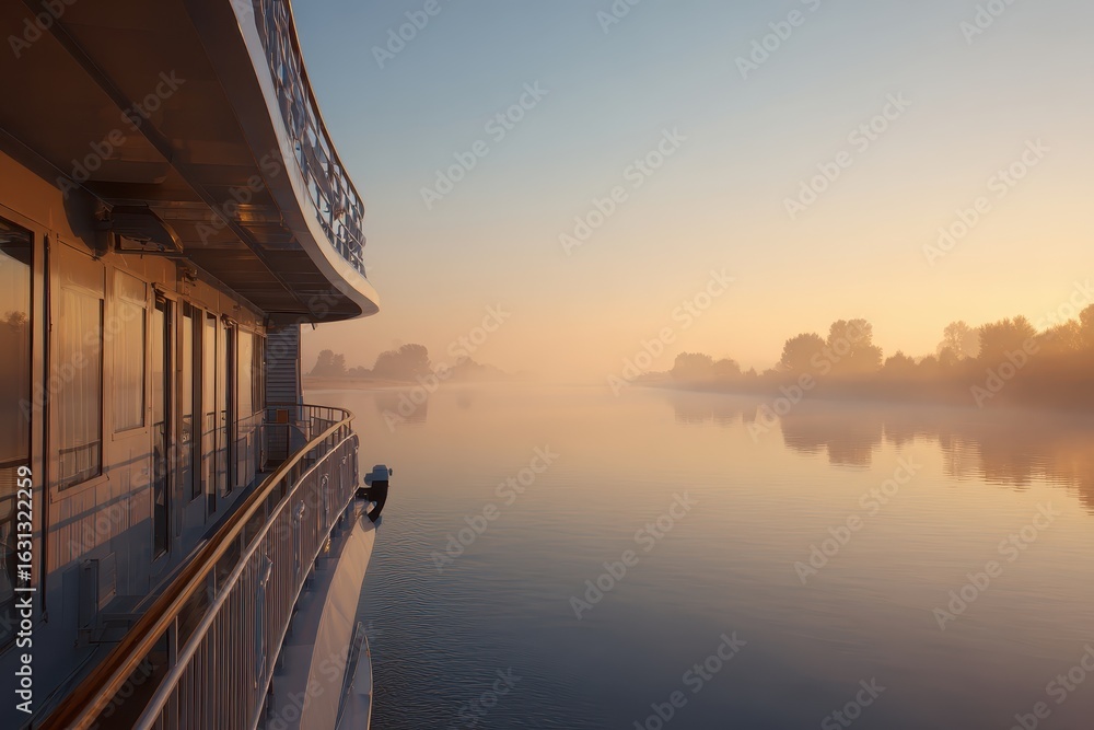 Fototapeta premium Morning light reflects on calm water beside river cruise ship bow as mist envelops the landscape
