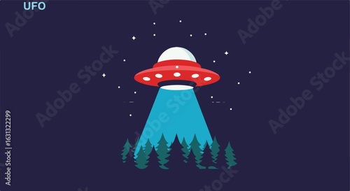 Flying saucer scanning forest in starry night sky; science fiction, fantasy