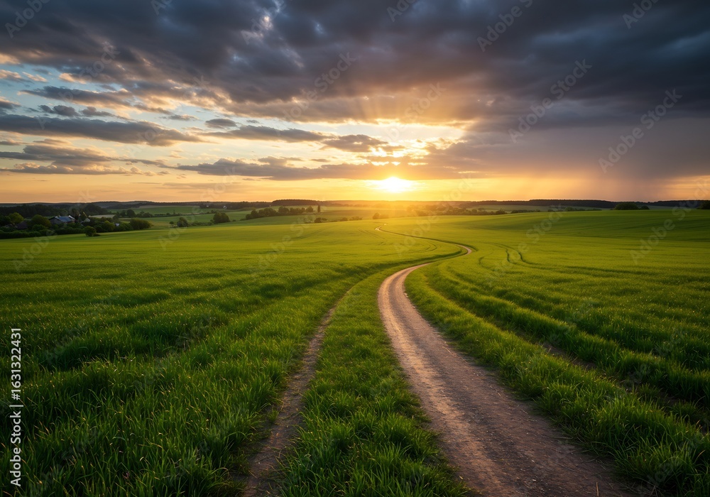 Obraz premium 夕焼け空の下、緑の丘陵を蛇行する一本の道が伸びる美しい風景写真