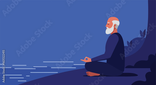 Senior man meditating near water with tree. Wellness concept for health, blog image