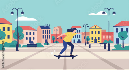 Woman skates in city square with buildings, trees, and lampposts. Illustration