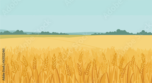Wheat grows on a farm; trees and a road in the distance can be used for advertising