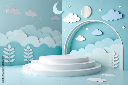Dreamy cloud and moon backdrop with tiered display stand