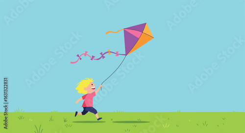 Happy boy runs to fly kite in grassy field.  Sky backdrop. Use children's book