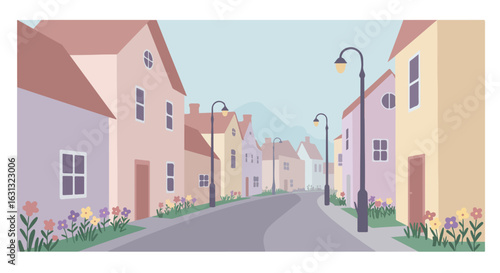 Empty road between pastel buildings in scenic town for tourism, real estate, illustration