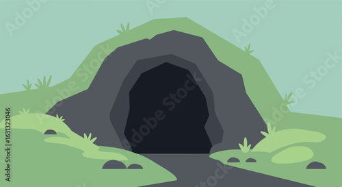 Cartoon entrance to a dark cave in a green hillside, vector graphic