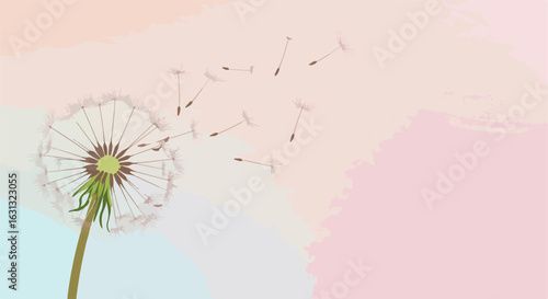 Dandelion seeds flying against pink background illustration, for blog banner