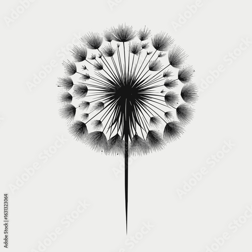 Stylized dandelion seed head illustration in black on white background copy space