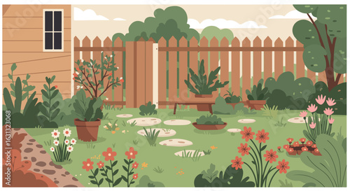 Colorful garden with fence, plants, flowers. Summer landscape in the background