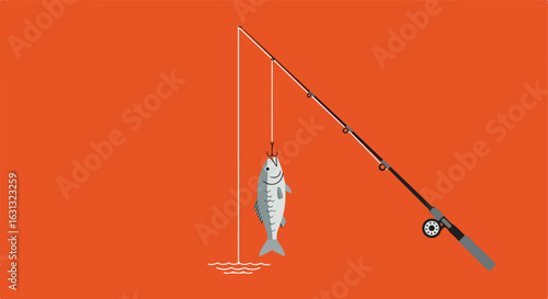 Fish caught on hook, fishing rod on shore, rippling background, for travel, sport