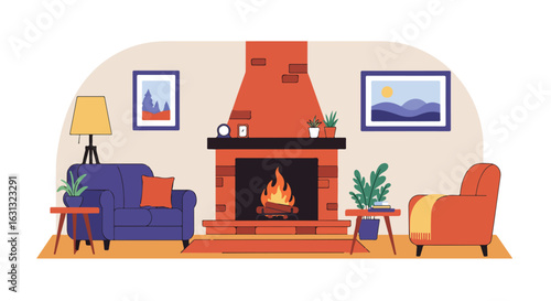 Living room with fireplace burning, cozy illustration for decor and relaxation