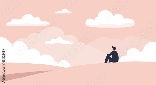 Man sitting on hill, pink sky with clouds. For backgrounds, digital art, presentations