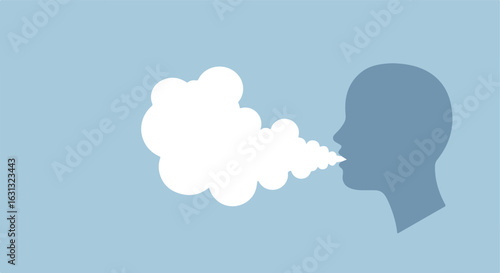 Silhouette coughs, spews germs on blue, illustrating infection spread and hygiene