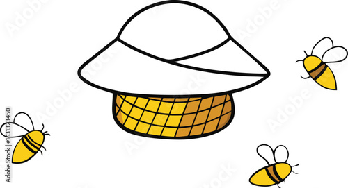 Beekeeper in protective hat and net surrounded by flying bees